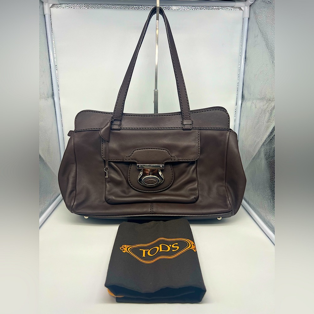 TOD'S Happy Shopping Piccola Chocolate Brown Leather Double Strap Shoulder Bag